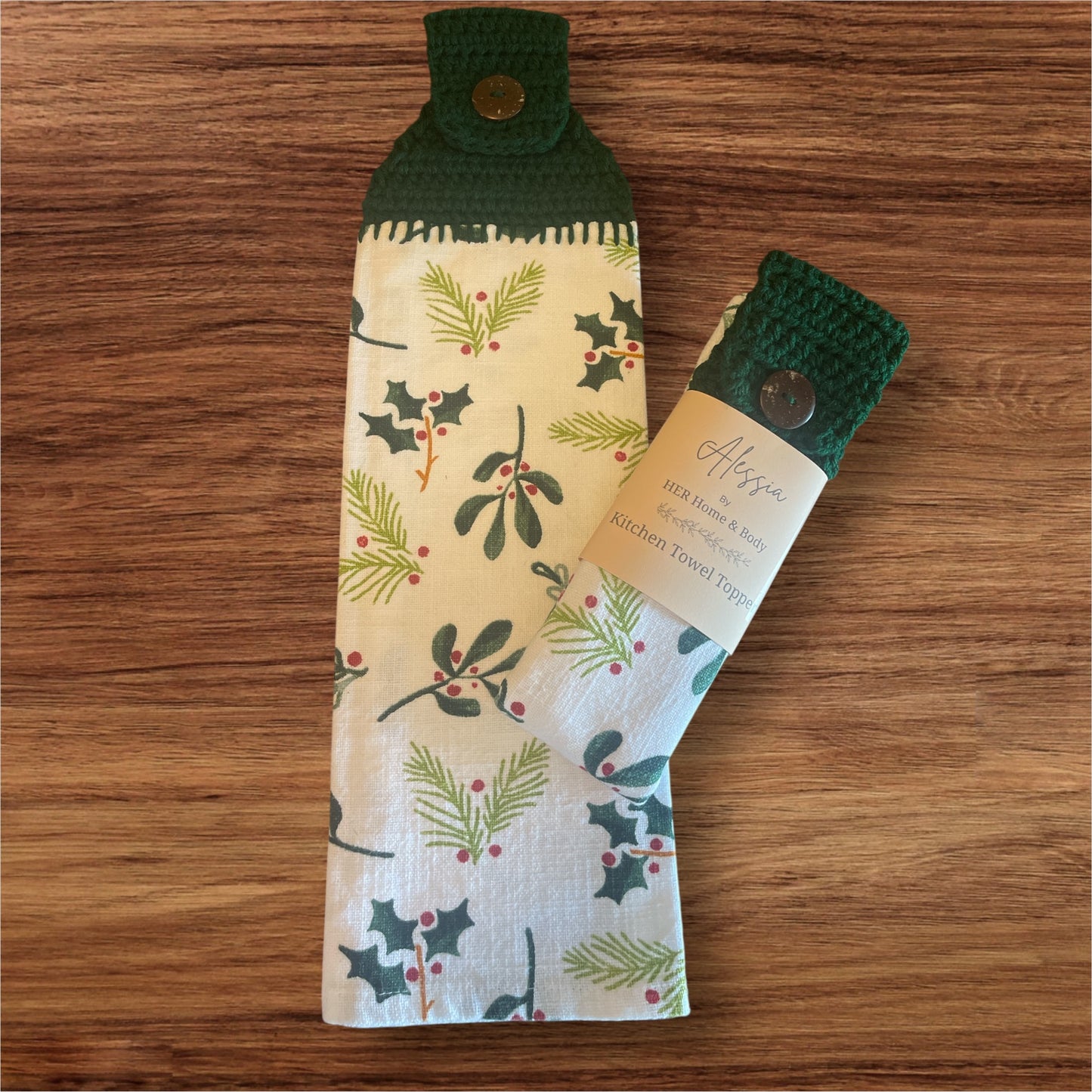 Holiday Holly & Pine Kitchen Towel Topper