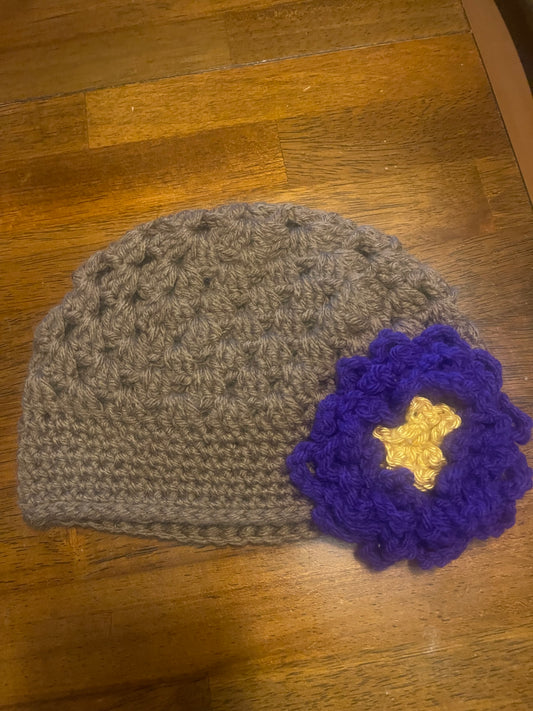 Handmade Crochet Beanie with Purple & Gold Flower