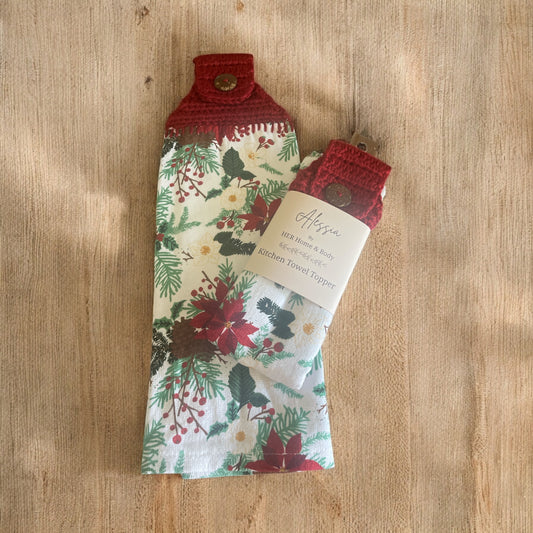 Poinsettia & Pine Kitchen Towel Topper